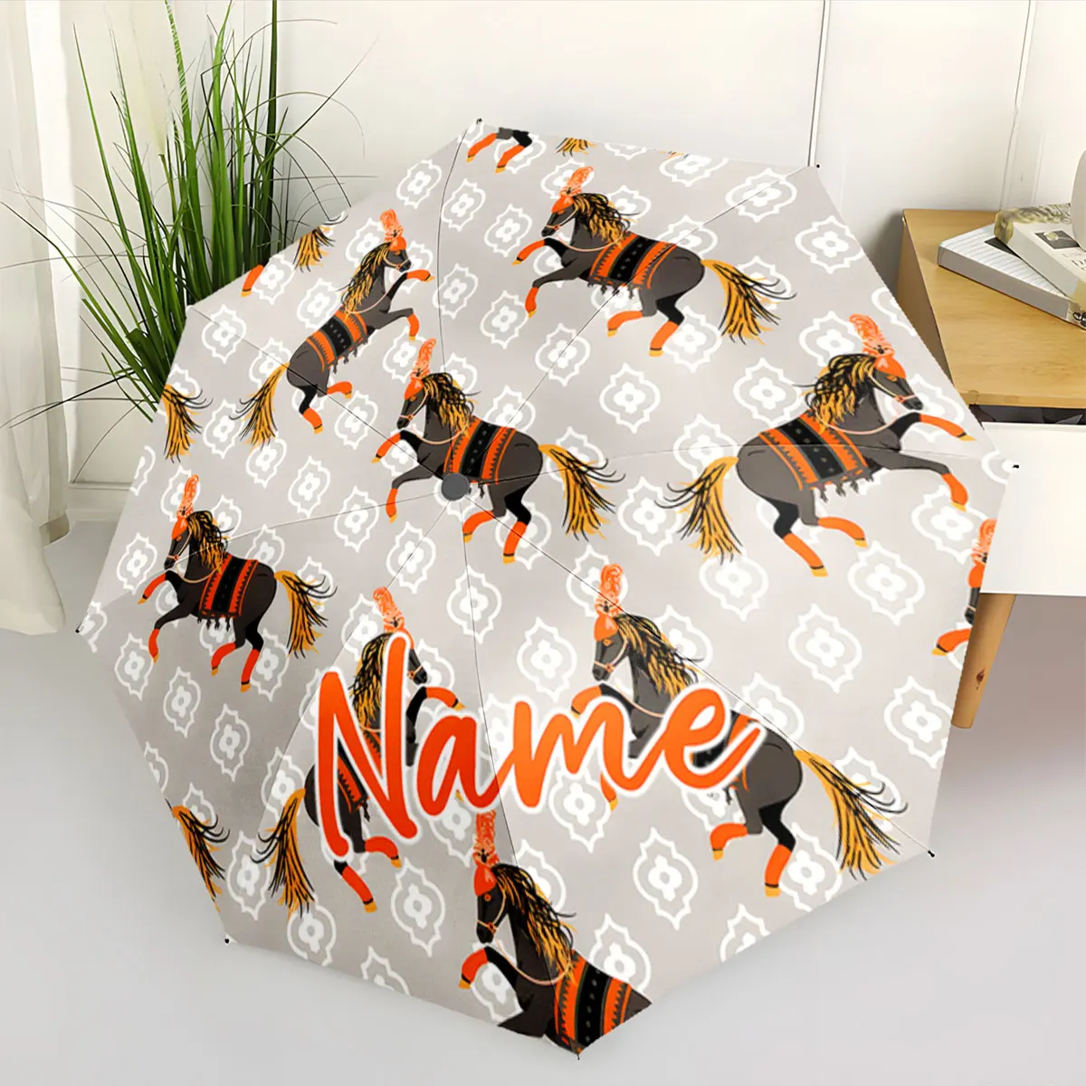 Custom Name Personalized Horse Pattern Umbrella Print 8 Iron Ribs Folding Umbrella Auto-Open Fashion Sunshade