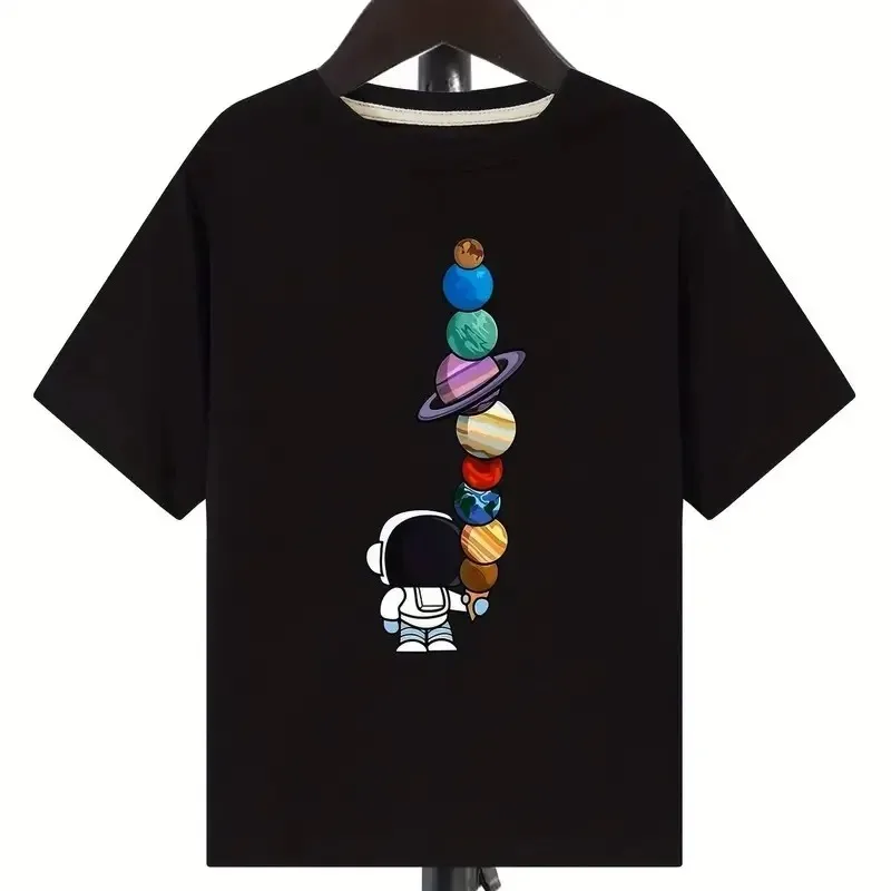 Boy's clothing creative astronaut and planet printed cotton T-shirt casual short sleeved O-neck T-shirt children's clothing