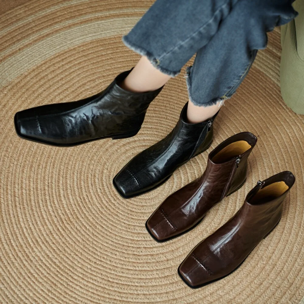 2026 Spring Classic Women's Genuine Leather Ankle Boots, Flat Square Toe, Solid Color for Office & Casual Wear