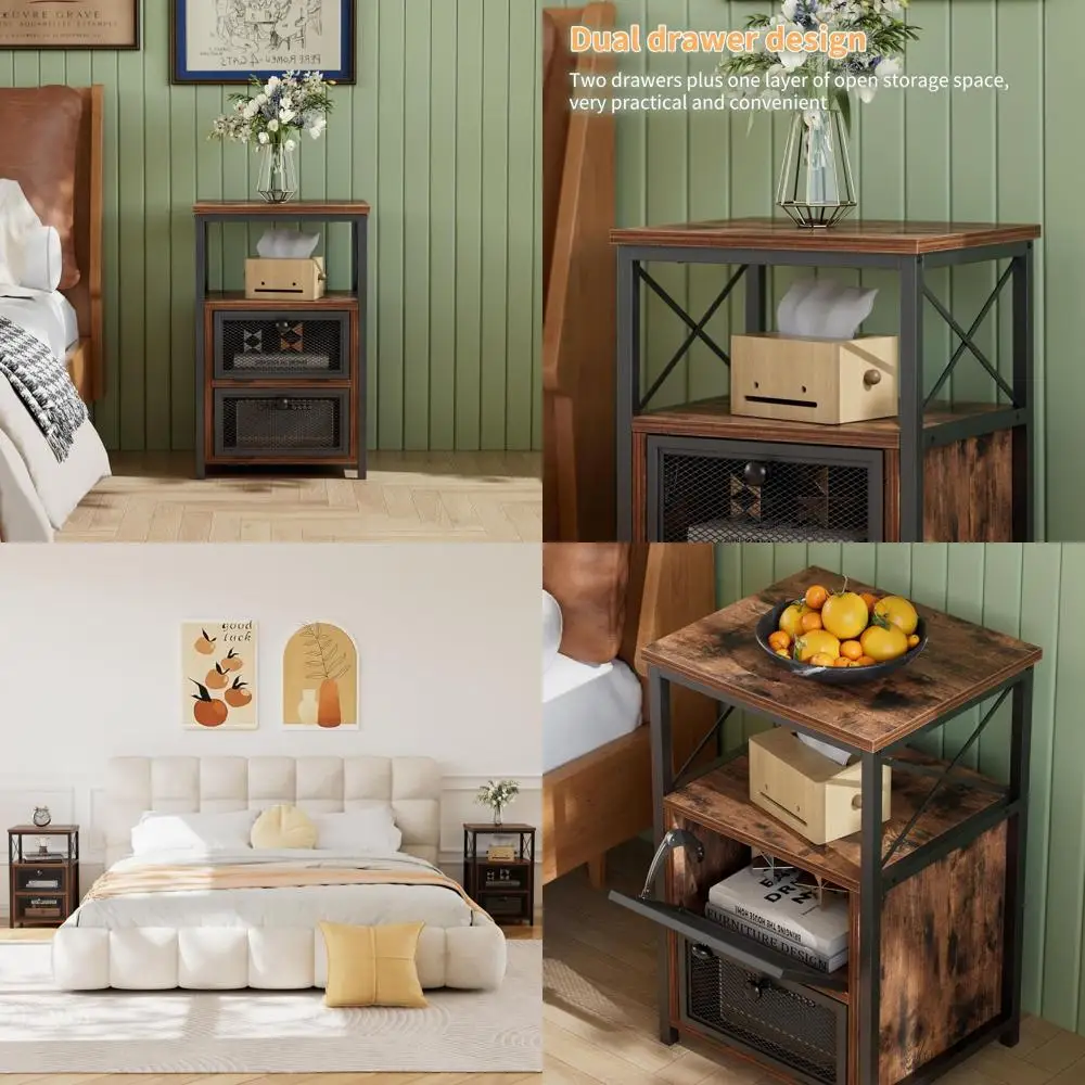 

Set of 2 Modern Rustic Brown Nightstands with Storage and Door for Living Room, Bedroom, Lounge