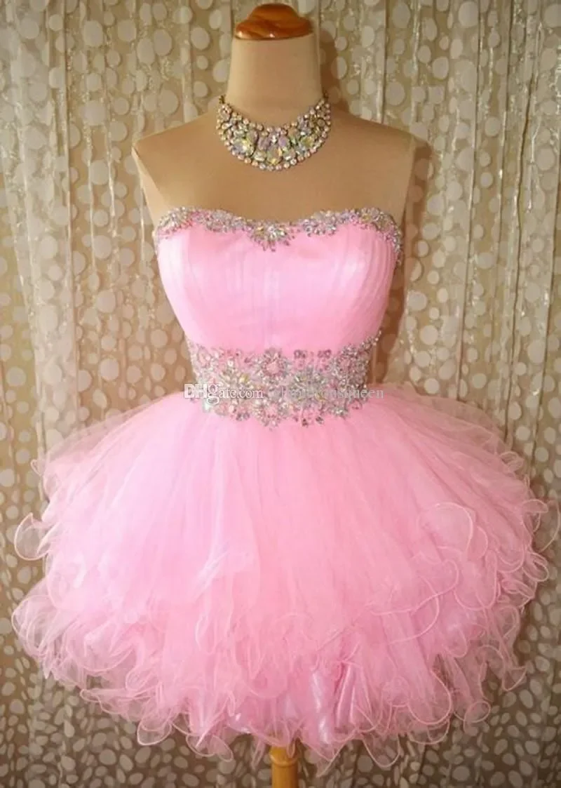 

IRIDESCENT Short Mini Pink Prom Belt Gowns Crystal Cocktail Lace Up Sequined Beaded Party Ruffled Homecoming Dresses