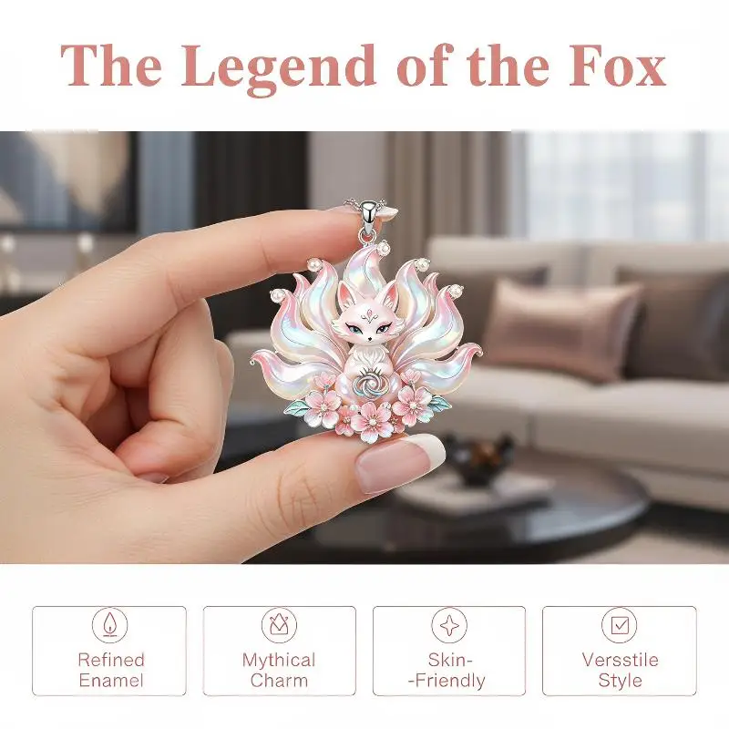 1Pcs Nine Tails Fox Cherry Blossom Pendant Necklace New Chinese Style Sweet Cute Jewelry for Girls School Daily Wear Gift