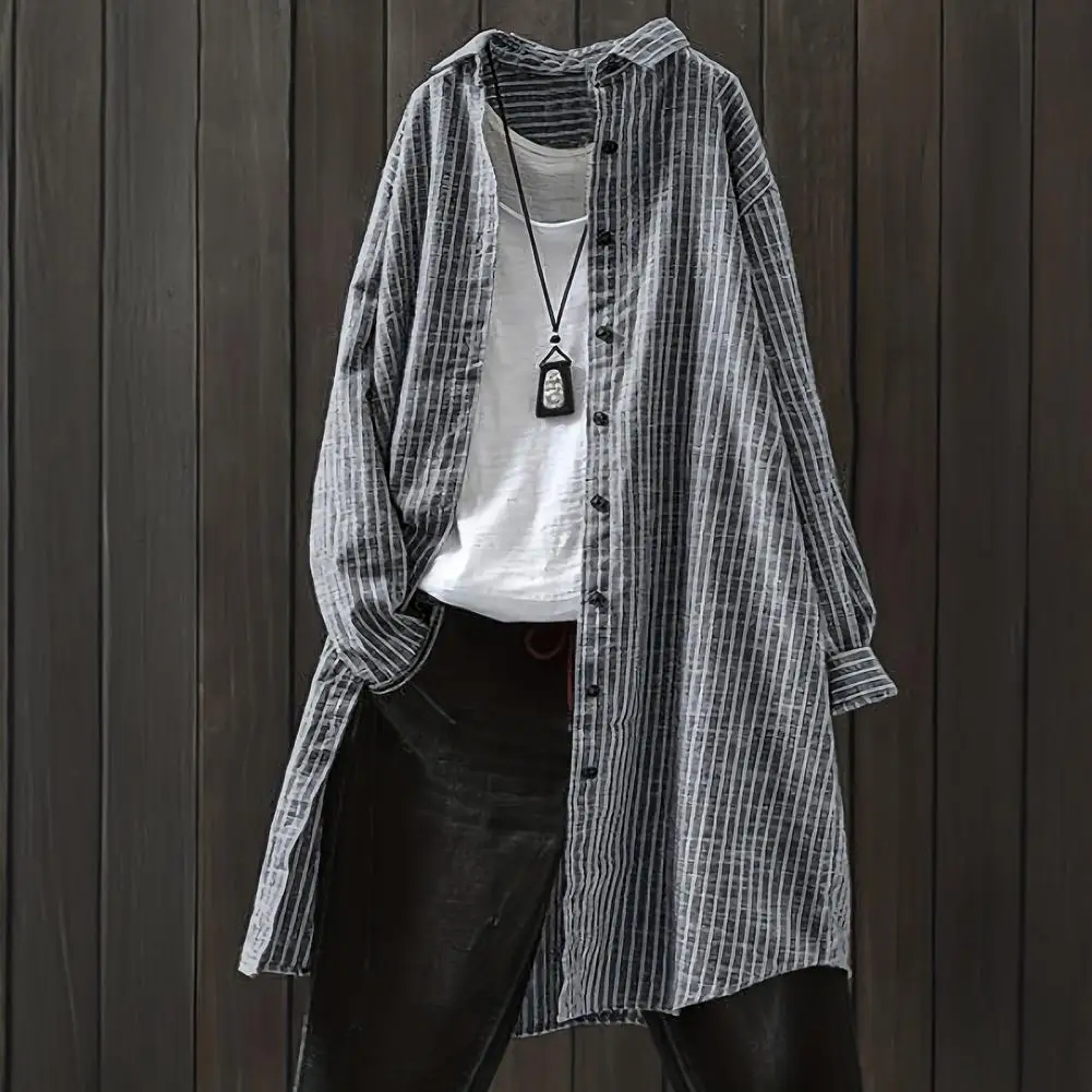 

Tops Women’s Striped Lapel Shirt Long Sleeve Loose Fit Blouse Mid-length Top for Work Party Vacation Wear Casual Women Blouse