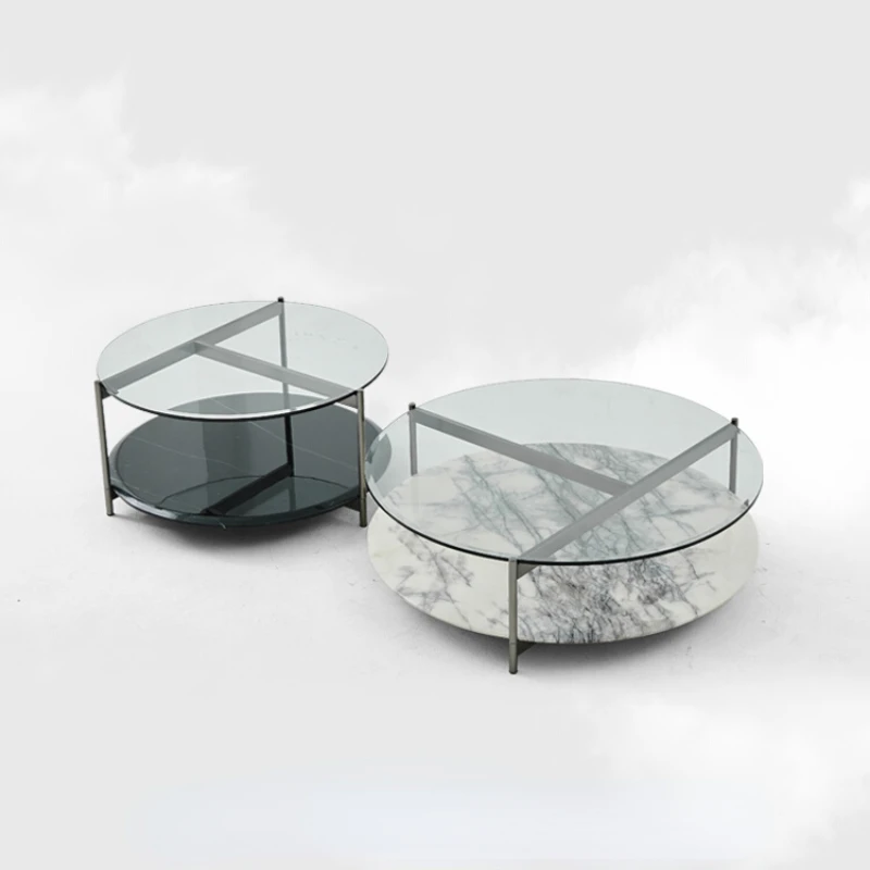 

Tea table, living room, household minimalist small unit, marble circular combination, minimalist and creative glass tea table