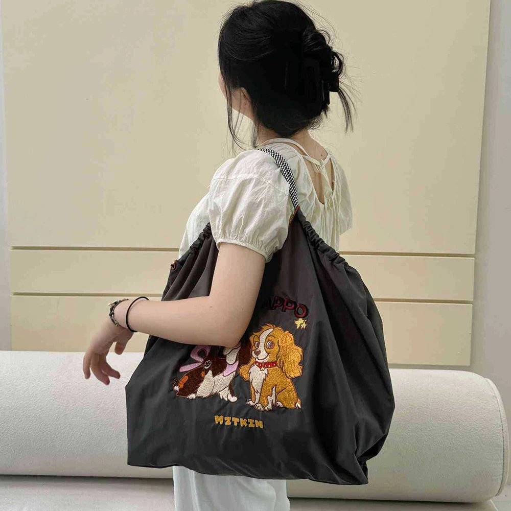 Cute Dog Embroidery Tote Bag Large Capacity Women Shoulder Bag Rope Handle Designer Handbags 2024 Nylon Shopper Purses Eco Bags