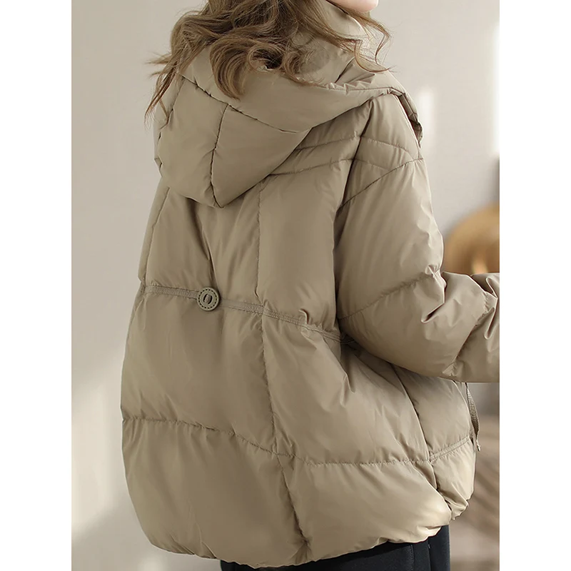 Schinteon ผู้หญิงลงเสื้อลําลองหลวมกว่าขนาดฤดูใบไม้ร่วงฤดูหนาว Outwear กับกระโปรงเป็ดสีขาวลงเสื้อสั้น 2024 ใหม่