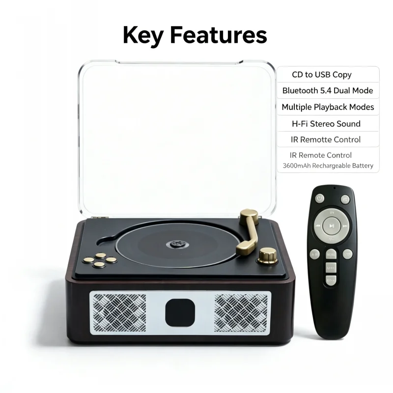 Vintage CD Player Bluetooth 5.4 Turntable Retro Phonograph Support CD DVD WAV USB MP3 Record Mode HIFI Stereo Sound Home Decor