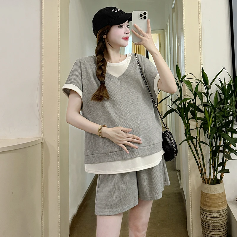 Summer Maternity Tees Suits Sets T Shirts Belly Shorts Sports Casual Clothes for Pregnant Women During Pregnancy Hospital Wear