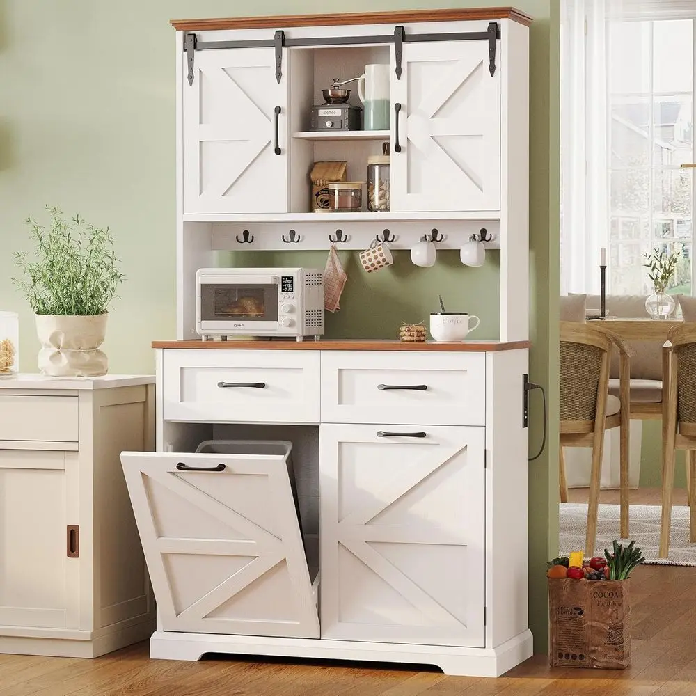 

Freestanding White Kitchen Pantry Cabinet with Microwave Stand, Tilt-Out Trash Bin, and Charging Station