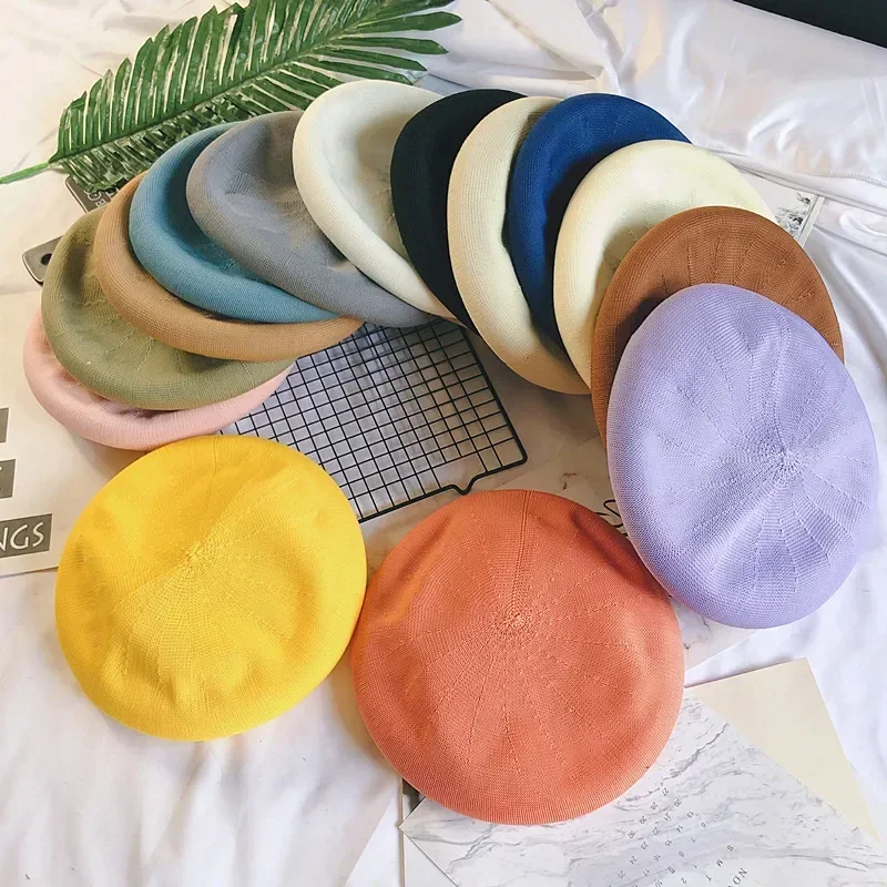 

Women Beret Cap Spring Summer Single Thin Breathable Linen Woven Candy Color Beret Hat Net British All-Match Girls Painter Hat