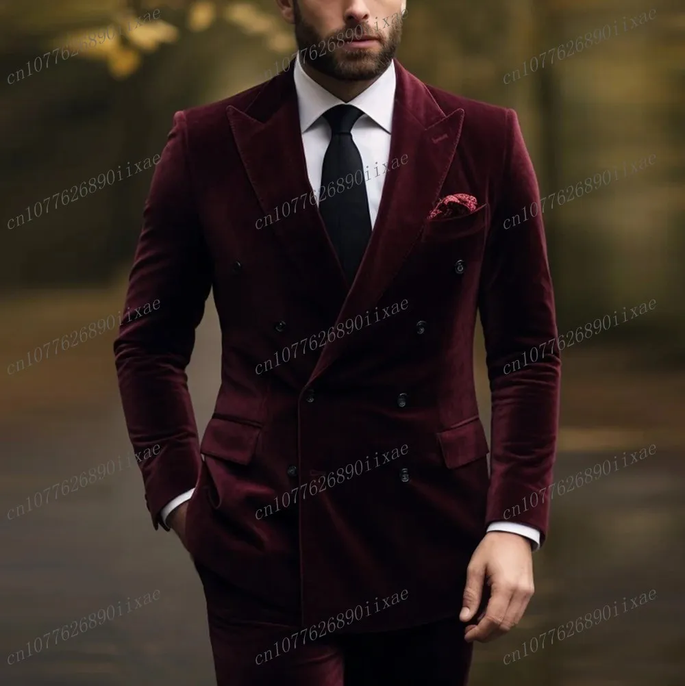 

New Velvet Formal Occasion Burgundy Men Suit Groomsman Groom Wedding Party Business Prom Male Tuxedos 2 Piece Set Blazer Pants