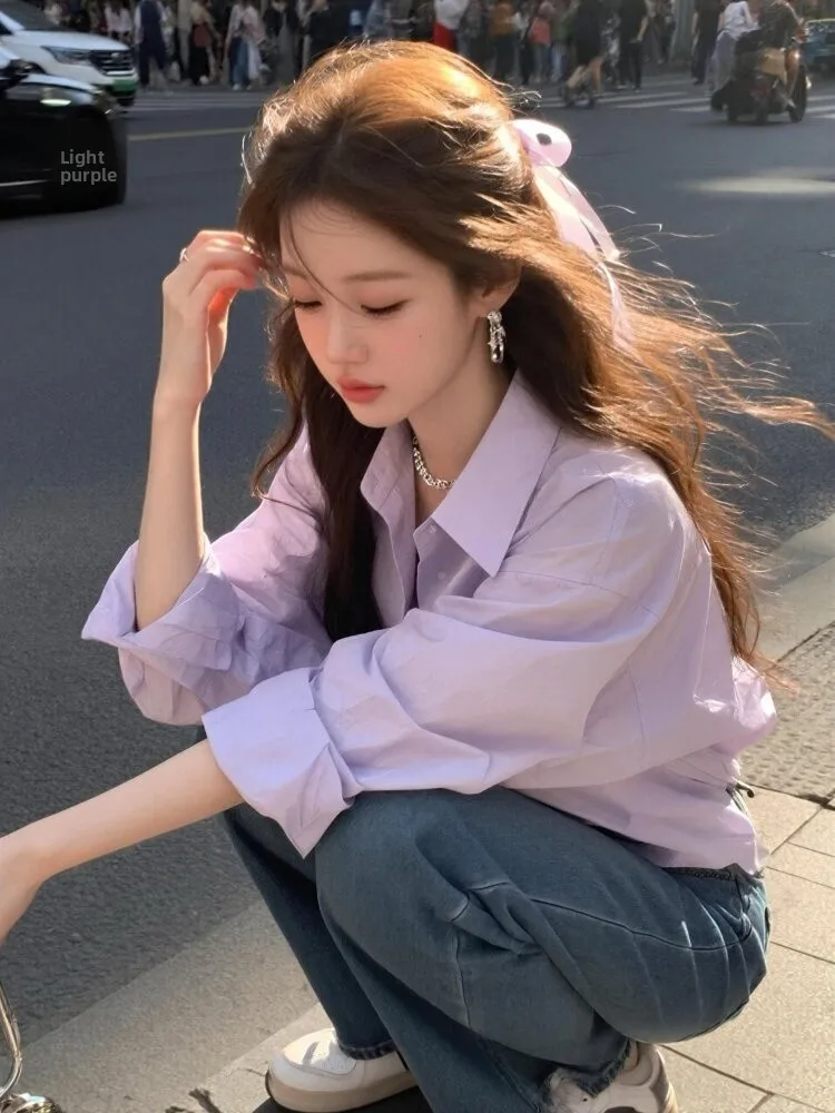 

Свободная женская рубашка с длинным рукавом, фиолетовая, в корейском стиле, с эффектом многослойности, удобная, дышащая, из смесового хлопка