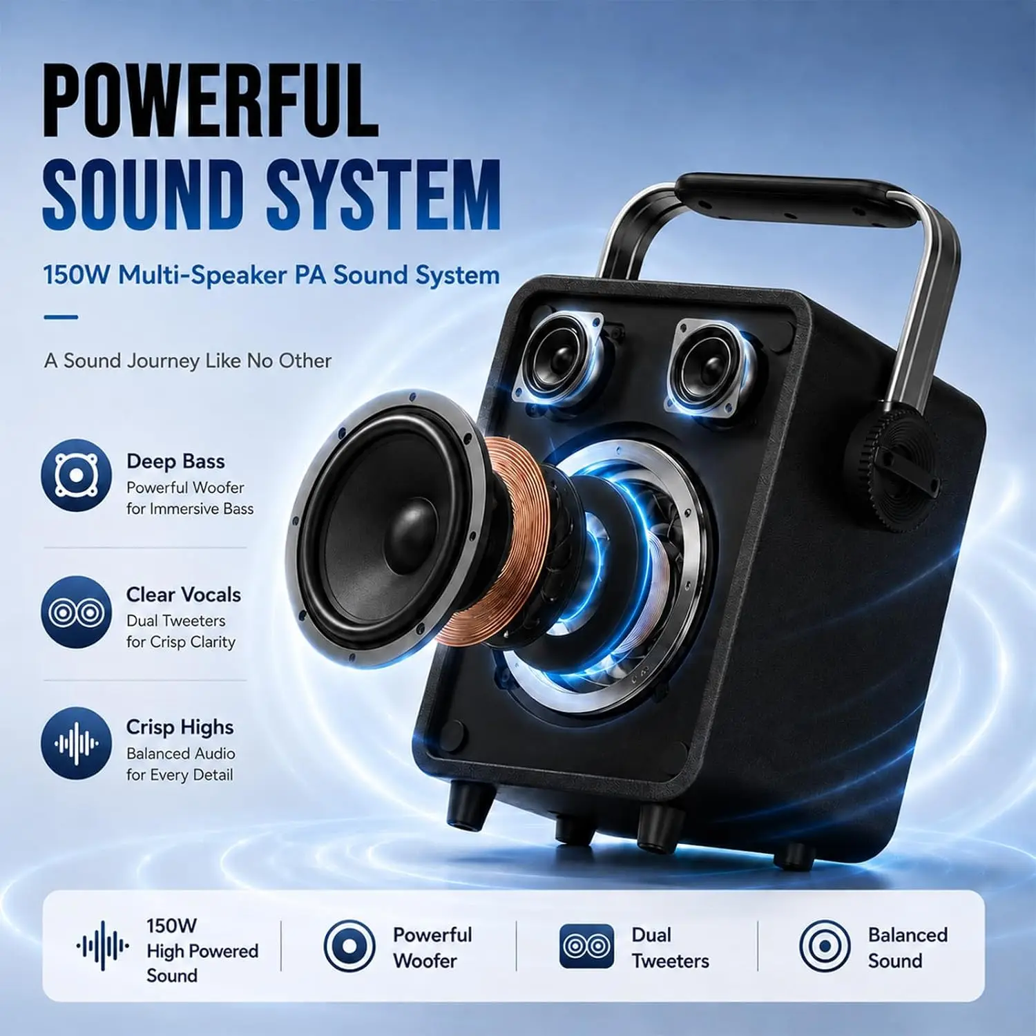 150W High-Power Karaoke PA System with 2 Wireless Handheld Microphones, Wireless Voice Amplifier with AI Sound Boost, Portable Bluetooth Speaker for Adults, Outdoor Events