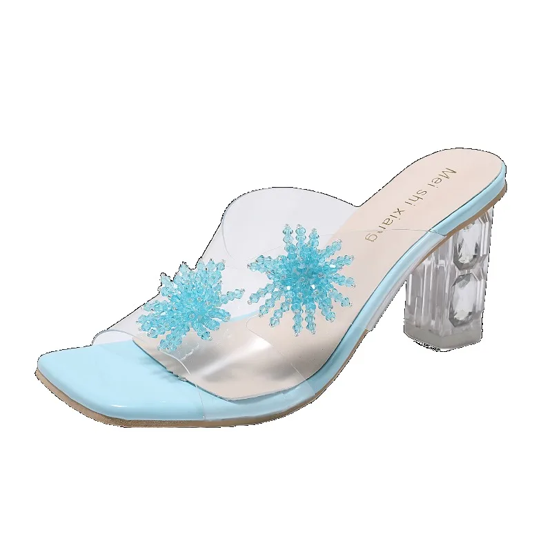 New Women High Heels Water Diamond Flower Sandals with Transparent Thick Bottom Women Shoes Party Dress PVC Slippers Mules Shoes - view 6