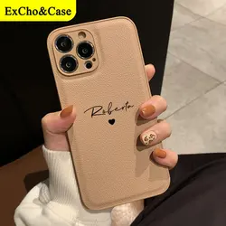 Coque en cuir PU personnalisée avec nom et cœur, coque de luxe pour iPhone 15, 14, 13, 12, 11 Pro Max, XS Poly, 7, 8 Plus