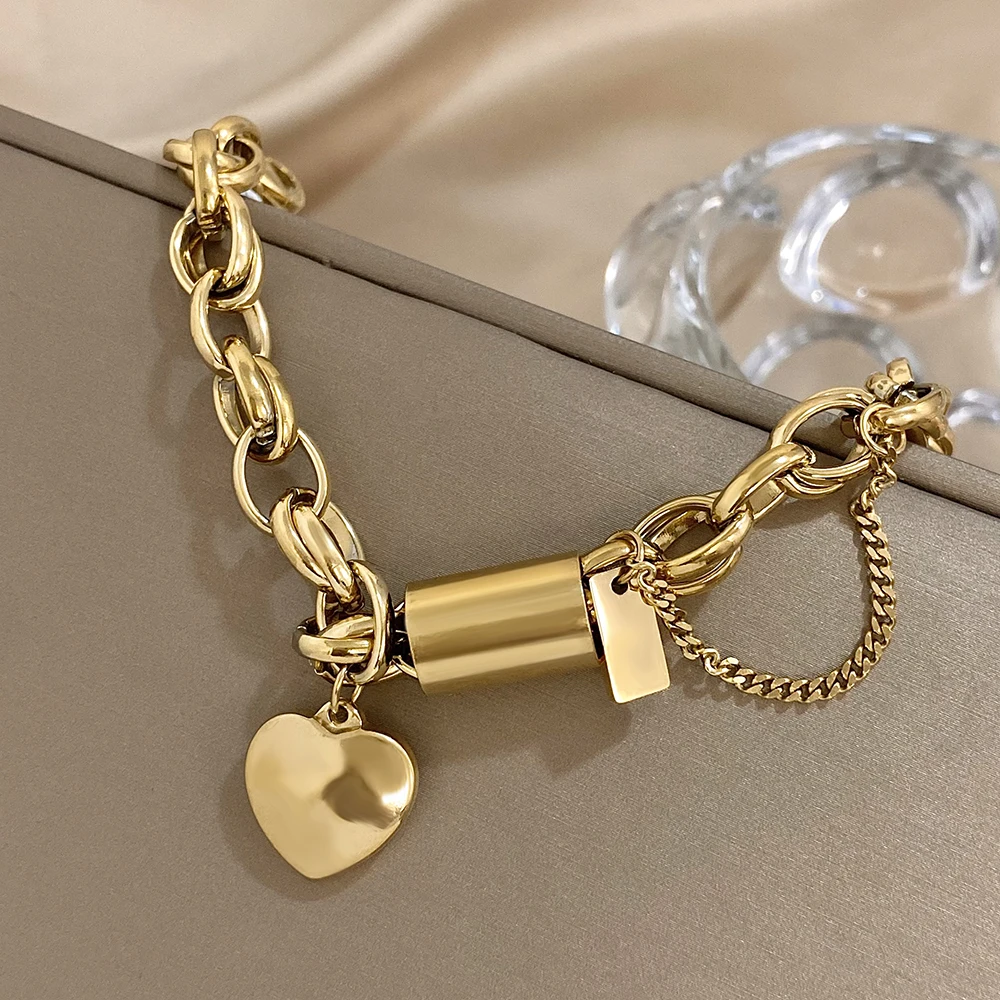 Flashbuy Punk Chunky Gold Color Thick Chain Stainless Steel Bracelets for Women Fashion Design Heart Love Pendant Wrist Jewelry