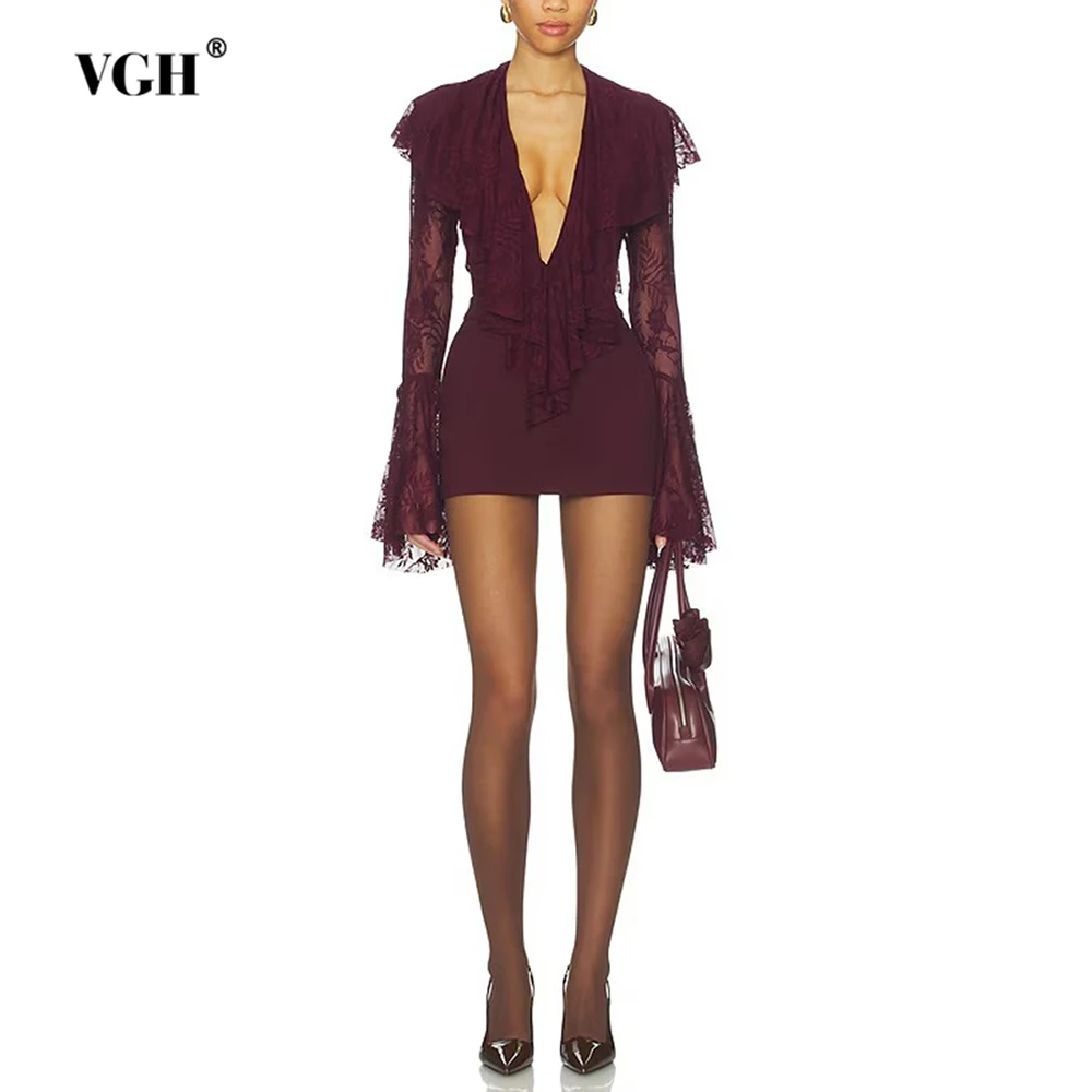 

Сексуальное боди VGH с глубоким вырезом и кружевом цвета бургунди для женщин, с рюшами и длинными расклешенными рукавами, облегающее, для роскошных ужинов