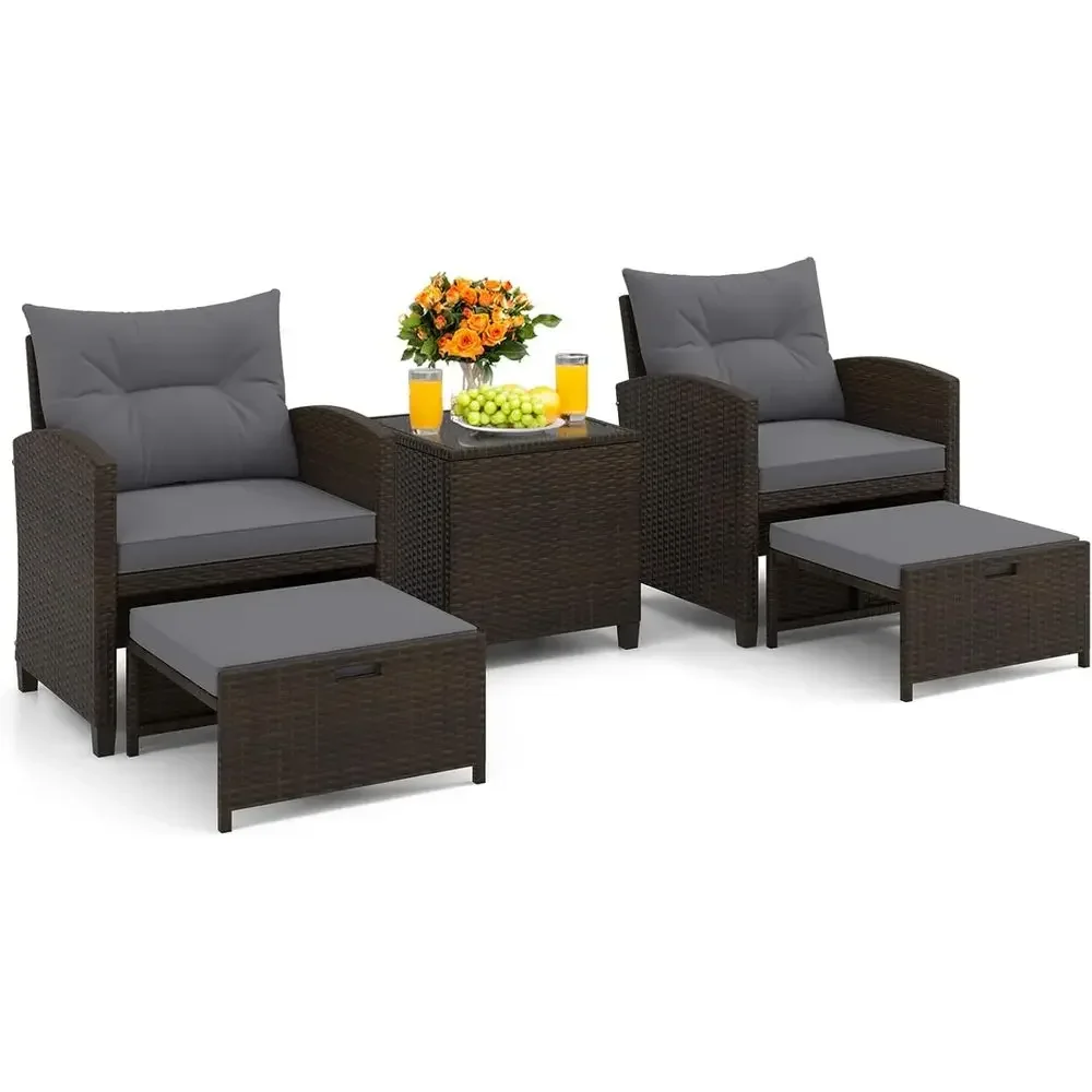 5-Piece Patio Furniture Set with Ottomans, Wicker Outdoor Conversation Set with Coffee Table and Cushions, PE Rattan Lounge Chai