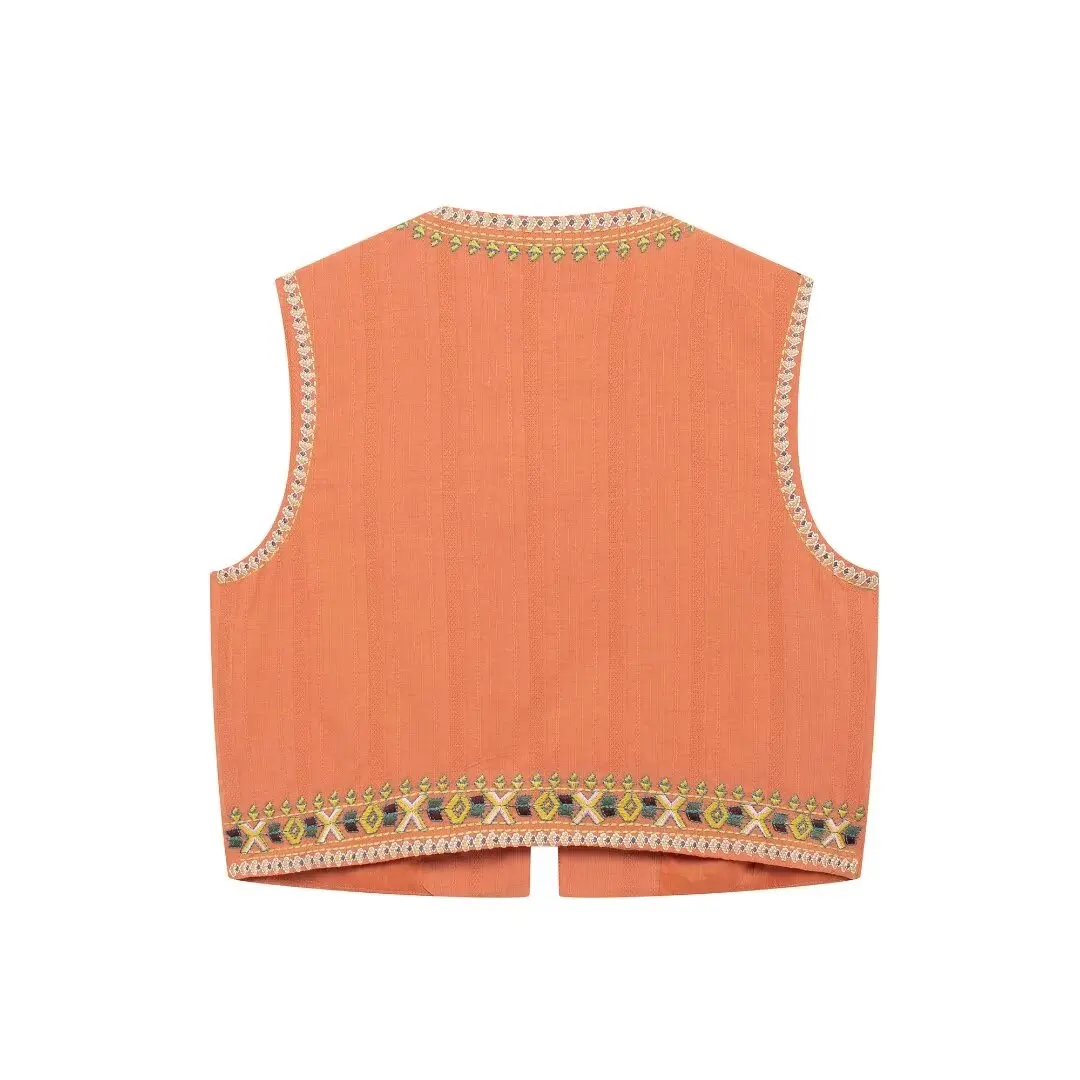 Tangada Women 2024 Orange Embroidery Crop Waistcoat Vintage Sleeveless Female Coat 3h0622