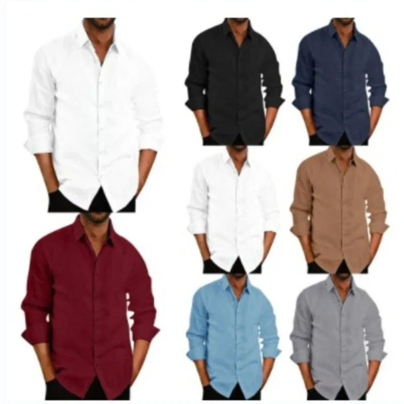 

New lapel solid color long-sleeved buttons temperament men's fashion linen shirt spring and summer men clothing white shirt