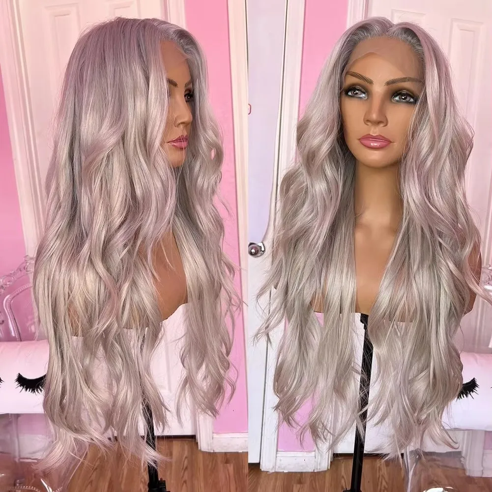 Capelli sintetici Biondo argento Onda del corpo Pre pizzicata 13x4 Parrucche anteriori in pizzo per donne nere Glueless Cosplay Parrucche da indossare ogni giorno