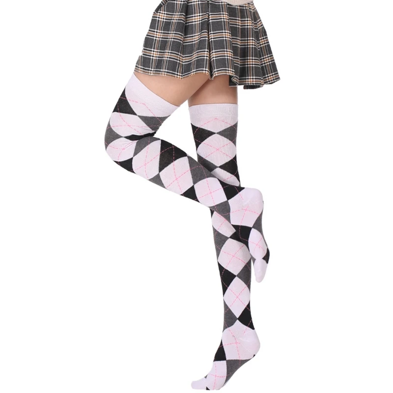 Women Student Thigh High Socks Vintage Colorful Argyle Plaid Over Knee Stockings