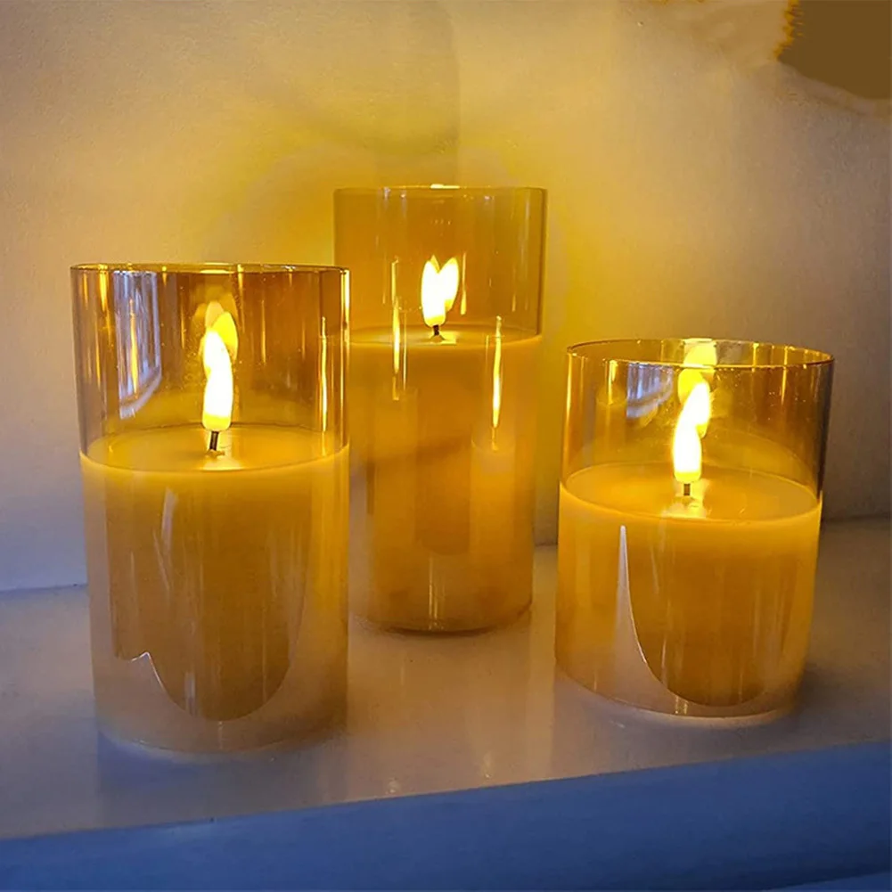 Conjunto de 3 velas cintilantes sem chama, luz cintilante LED 3D chama velas com controle remoto e temporizador, velas a pilhas