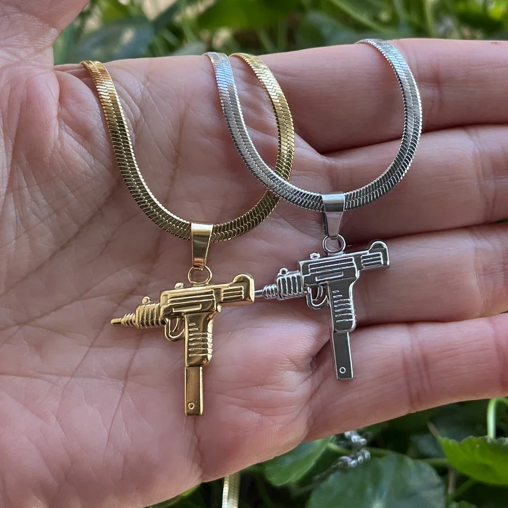 Gun Pendant Necklaces Gold Color Army Style Male Long Chain Pistol Submachine Gun Necklaces for Women Men Hiphop Jewelry Gift