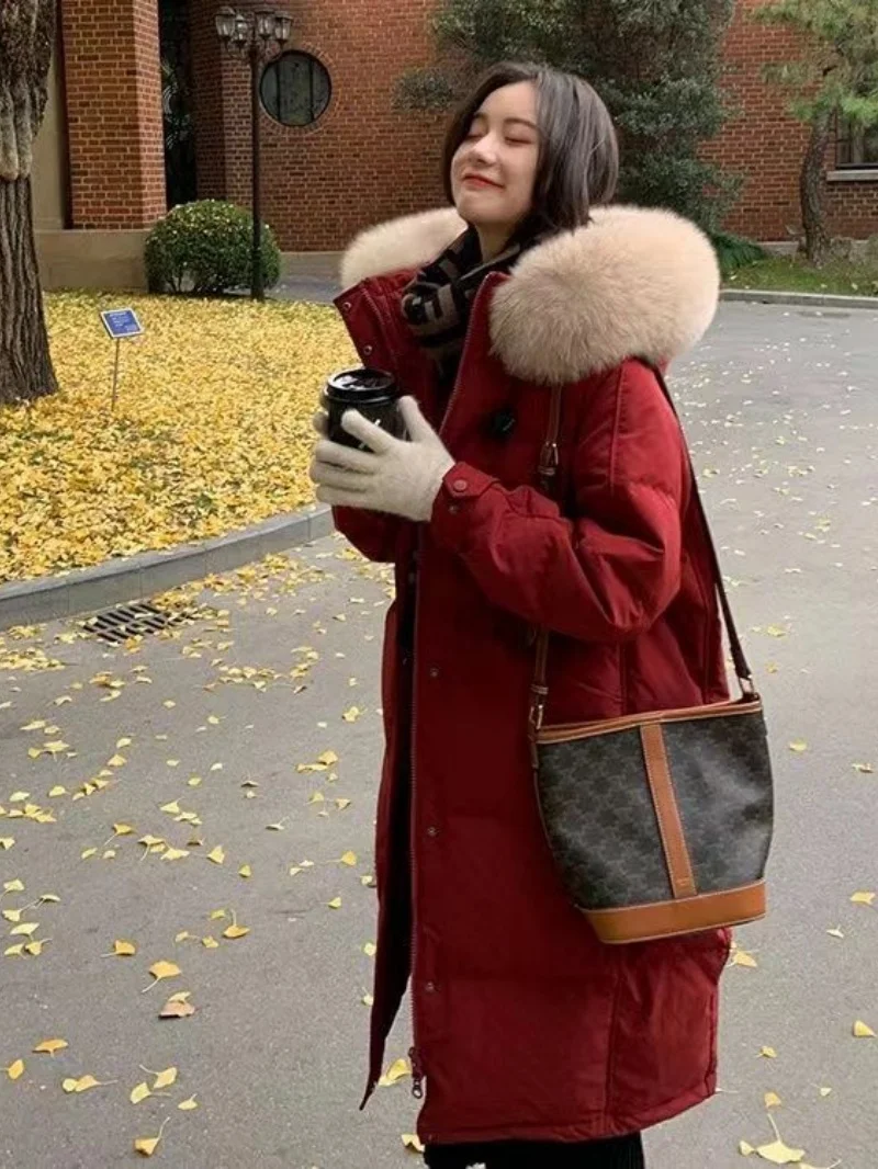 Korean Winter Coat With Big Fur Collar Hooded Outerwear 2025 New Ladies Fashion Mid to Long Knee Cotton Jacket Windbreaker w1396