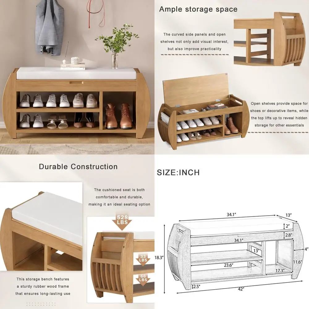 مقعد أحذية مع مساحة تخزين ووسادة، مقعد خزانة أحذية خشبي للمدخل مع مساحة تخزين مخفية، نهاية مقعد السرير للكن