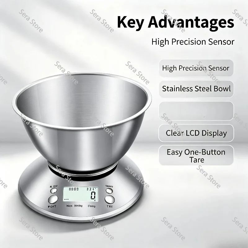 5kg/1g Digital Kitchen Scale with Bowl, Stainless Steel Household Electronic Food Gram Scale for Baking Cooking