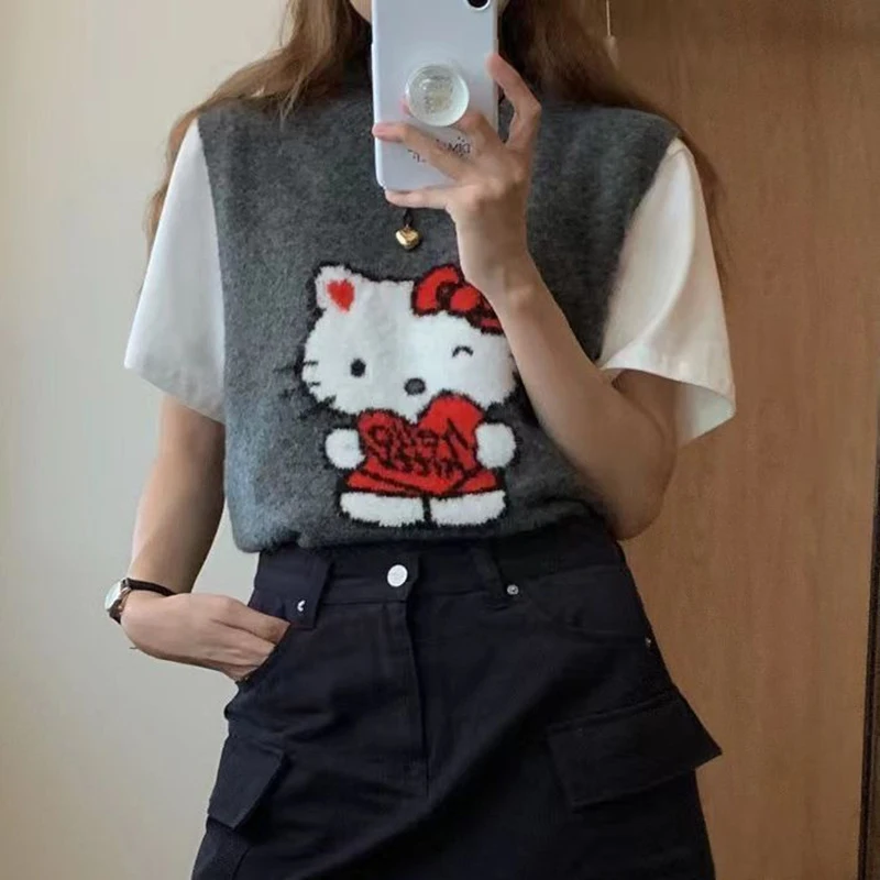 Miniso Hello Kitty Knitted Tank Top Women's Cartoon Pattern Soft Top Cute Casual Knitted Hoodie Age Reducing Versatile Tank Top