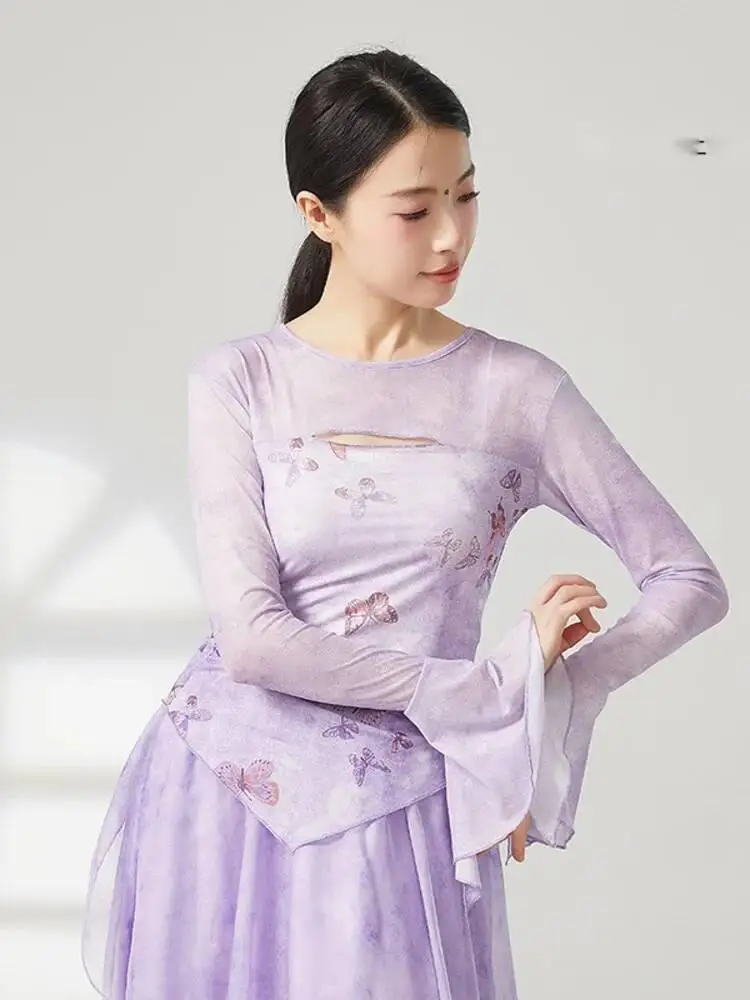 Bedrucktes, ausgestelltes, langärmliges, schmales Mesh-Top für Damen, modernes Tanzkostüm, Jazz, zeitgenössisches lyrisches Bühnen-Performance-Shirt