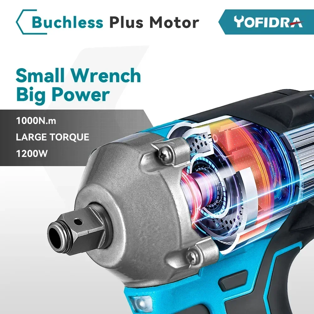 Yofidra 1000N.m Brushless Electric Impact Wrench Cordless 3 Gears 1/2 Inch High Torque Impact Power Tools For Makita 18V Battery