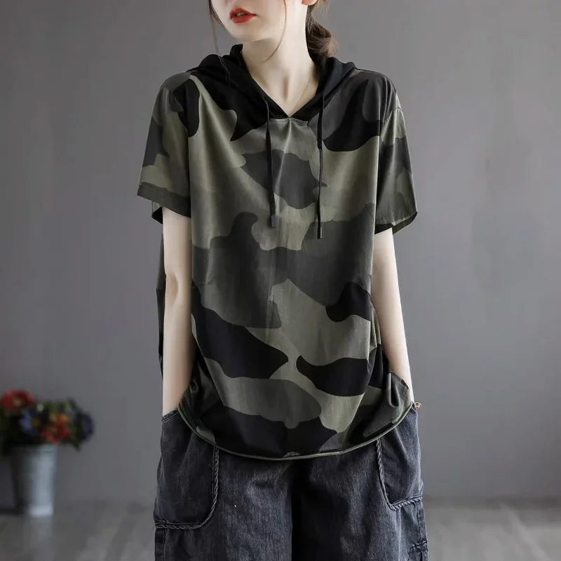 

Summer Fashion New Cotton Short Sleeve Hooded T-shirt Women Camouflage Print Drawstring Vintage Oversized Loose Casual Thin Tops