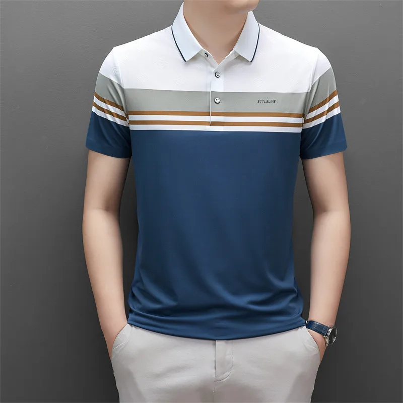 

Short-Sleeved T-shirt Summer New Young and Middle-Aged Men's Polo Collar Stripes Color Matching T-shirt Men's Short-Sleeved Top