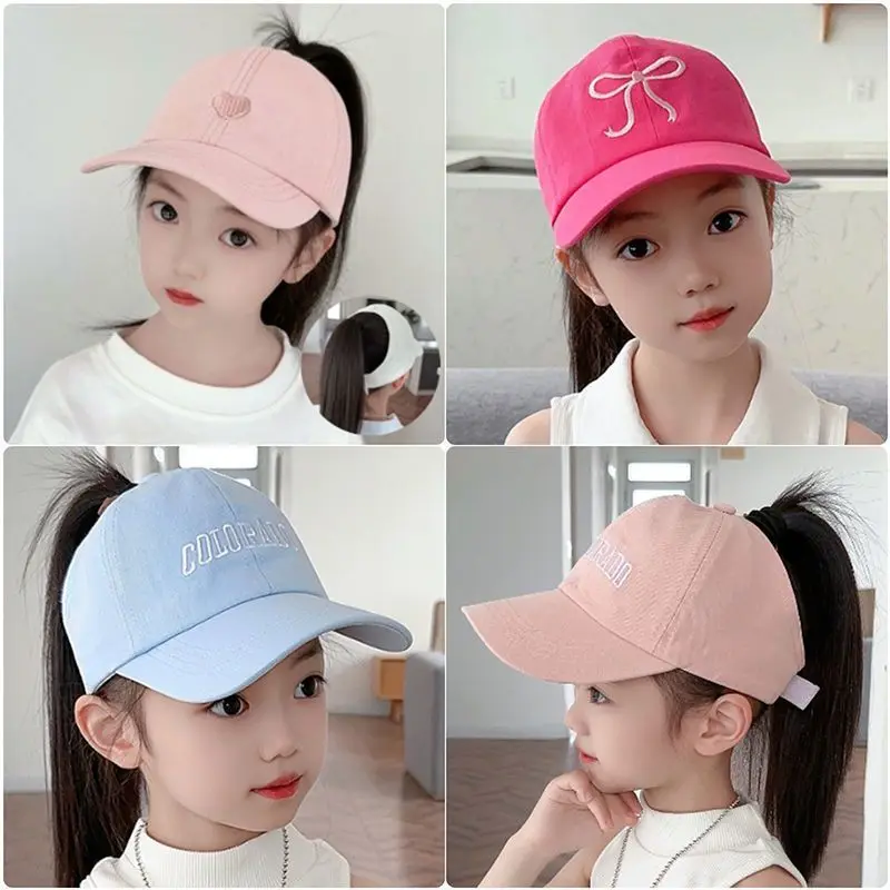 Verão proteção solar vazio boné superior idades 2-8 crianças chapéu de beisebol rabo de cavalo meninas chapéu de sol tesouro chapéu de sol amor boné de beisebol