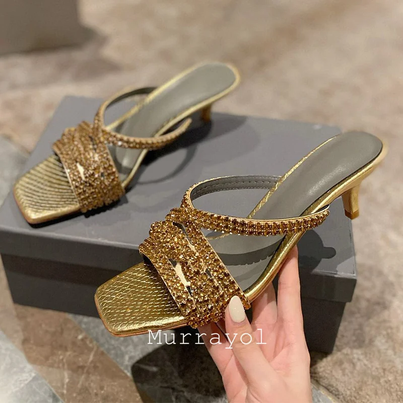 New Square Toe Rhinestone Decor Thin Heels Slippers Women One Strap High Heels Sandals Summer Dress Shoes Pumps Buty ślubne