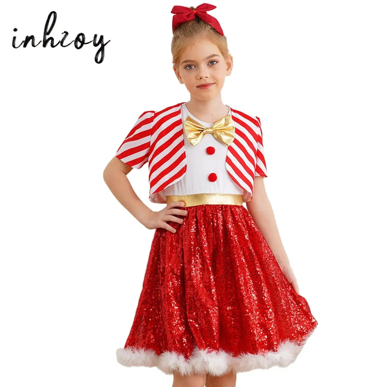 

Girls Christmas Party Dress Outfits Sequins Candy Cane Striped Tutu+Coat Set for New Year Dance Ballet Figure Ice Skating Leotad