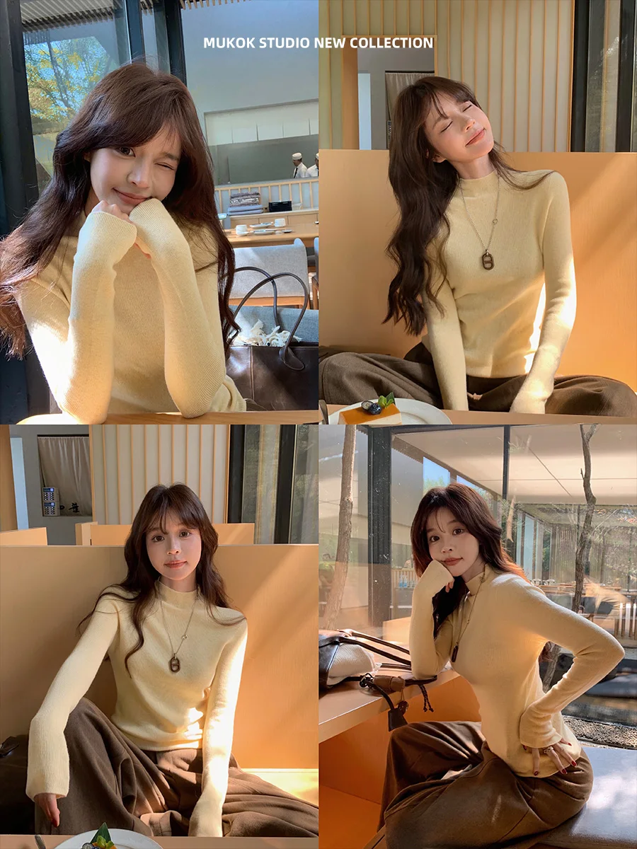 

MUKOK 100% шерстяной вязаный свитер с длинным рукавом, осенне-зимний, с высоким воротником, базовый, универсальный, разноцветный, женский, приталенный крой