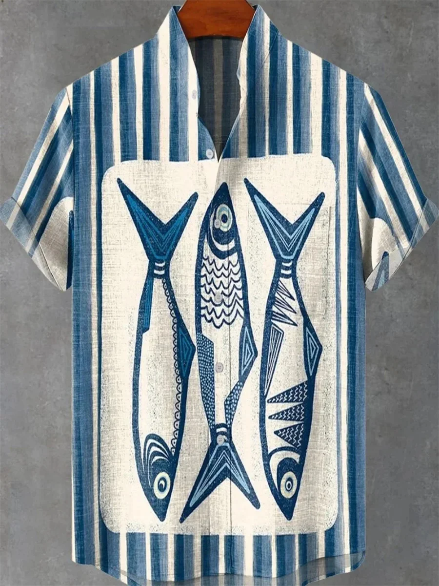 New summer men's retro 3D art print striped fish pattern casual fashion linen men's stand collar shirt