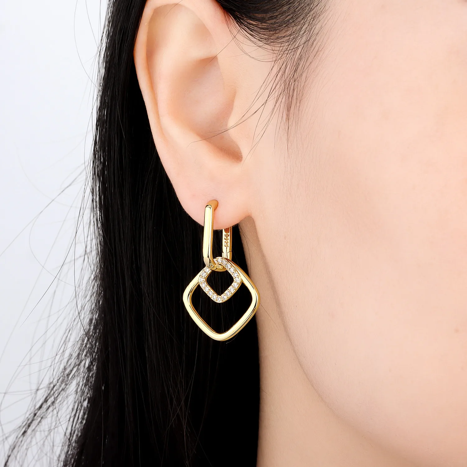PANPOKI 925 Sterling Silver French double-layer Square Drop Earrings Women Earrings Charm Versatile Party Jewelry Trendy Gifts