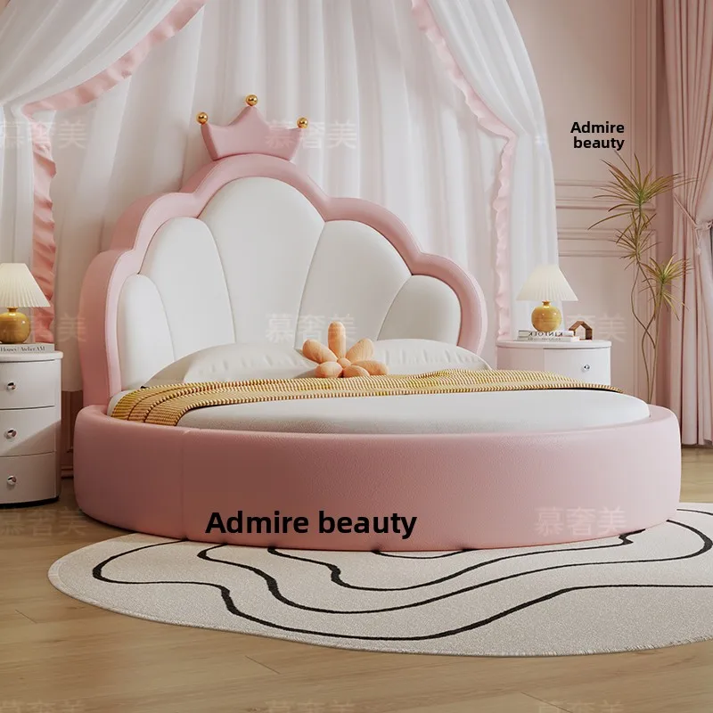 *Modern Simple Girl Princess Bed Children's Round Home Bedroom Crown Pink Genuine Leather Large Bed Soft Style Cartoon Style