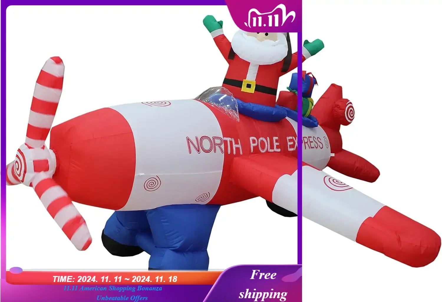 Animated - 8 Foot Wide Christmas Inflatable Santa Claus Flying Airplane Blow Up Yard Decoration