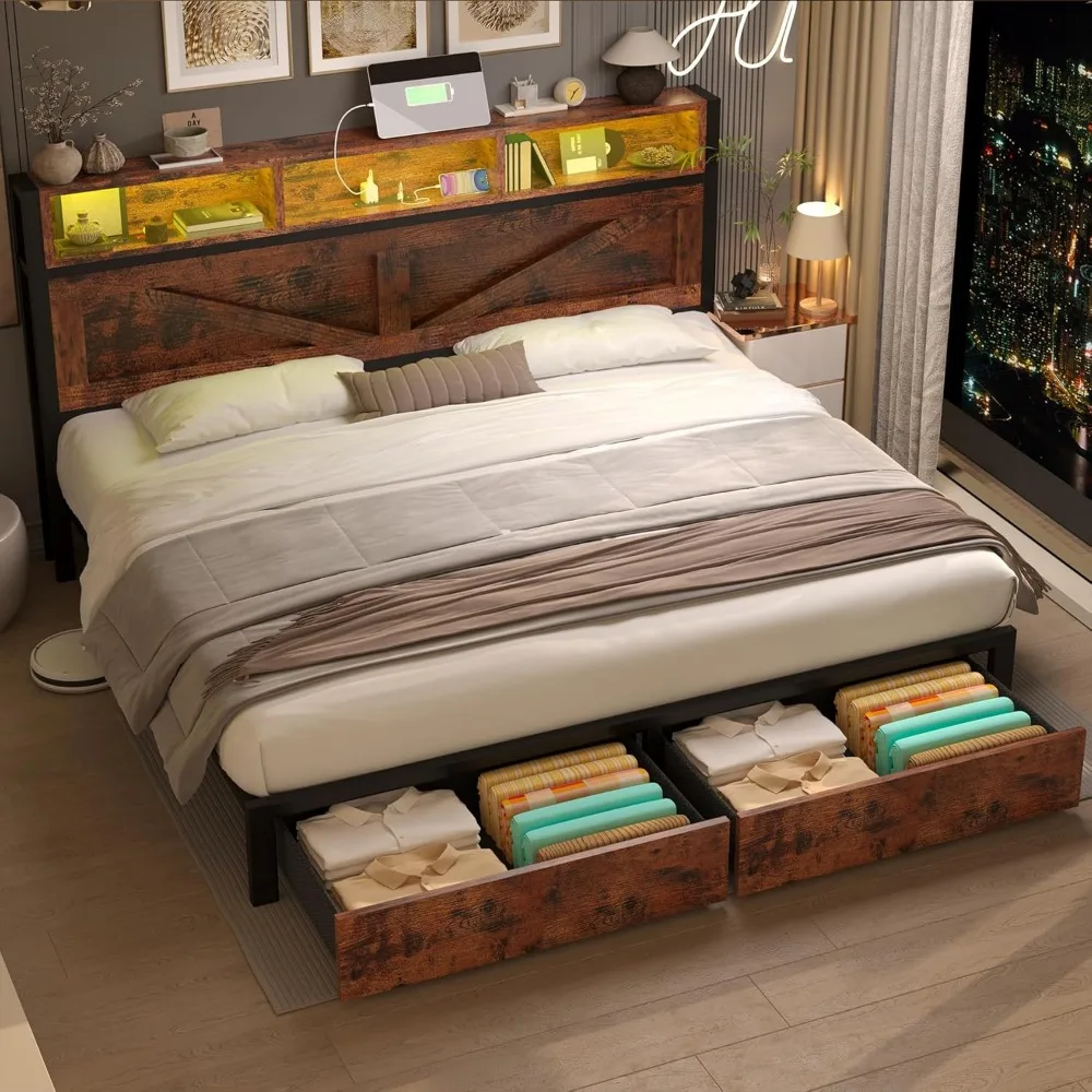 Struttura letto king size per fattoria con testiera libreria, cassetti portaoggetti, luci a LED e stazione di ricarica: nessuna scatola di molle richiesta