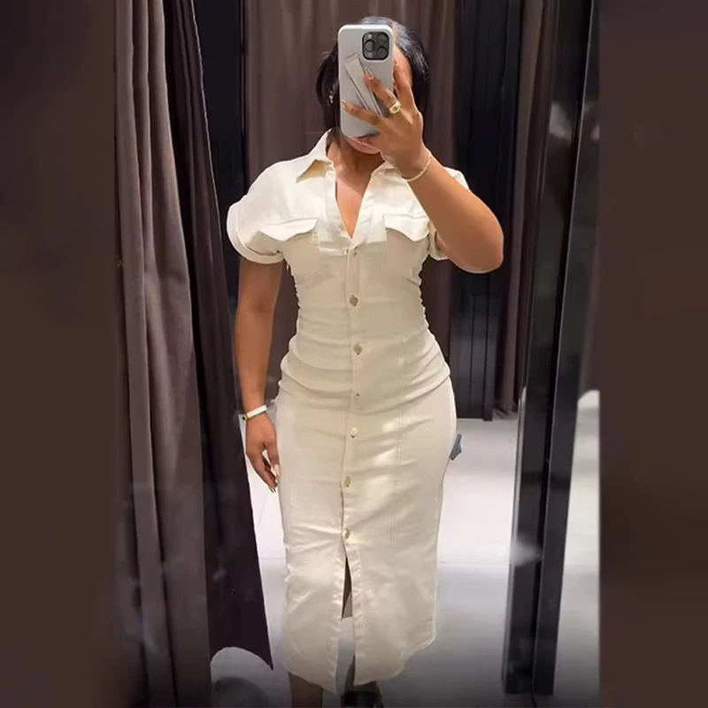 فساتين أنيقة أنيقة بطيات للنساء 2025 موضة الصيف الجديدة واحدة الصدر قصيرة الأكمام فستان طويل عادية Bodycon Vestidos
