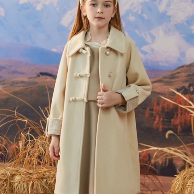 Girls Woolen Coat Overcoat Jacket Windbreak 2024 Sweet Warm Plus Thicken Autumn Winter Cotton School Children's Clothing