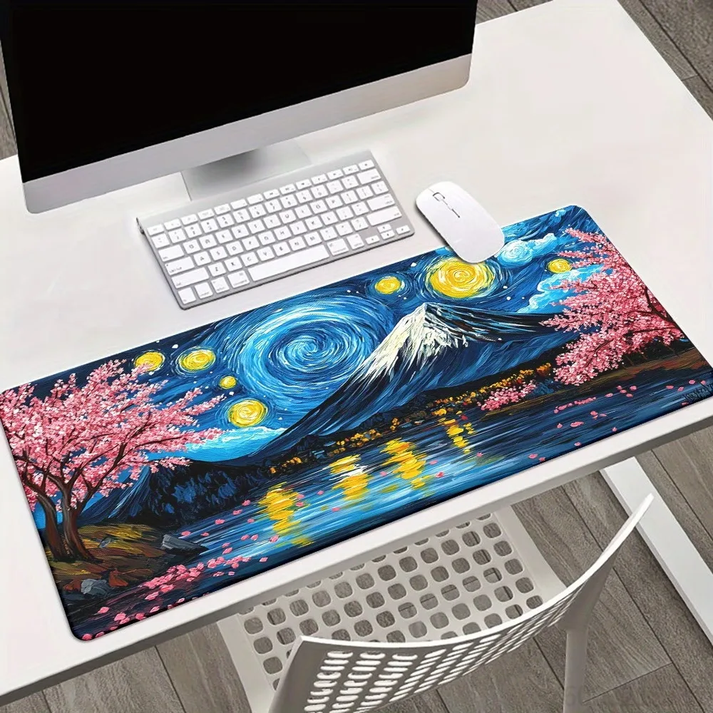 Van Gogh Style Starry Sky Mount Fuji Sakura Desk Mat, XXL Non‑Slip Rubber Gaming Mousepad, Art Landscape Keyboard Pad