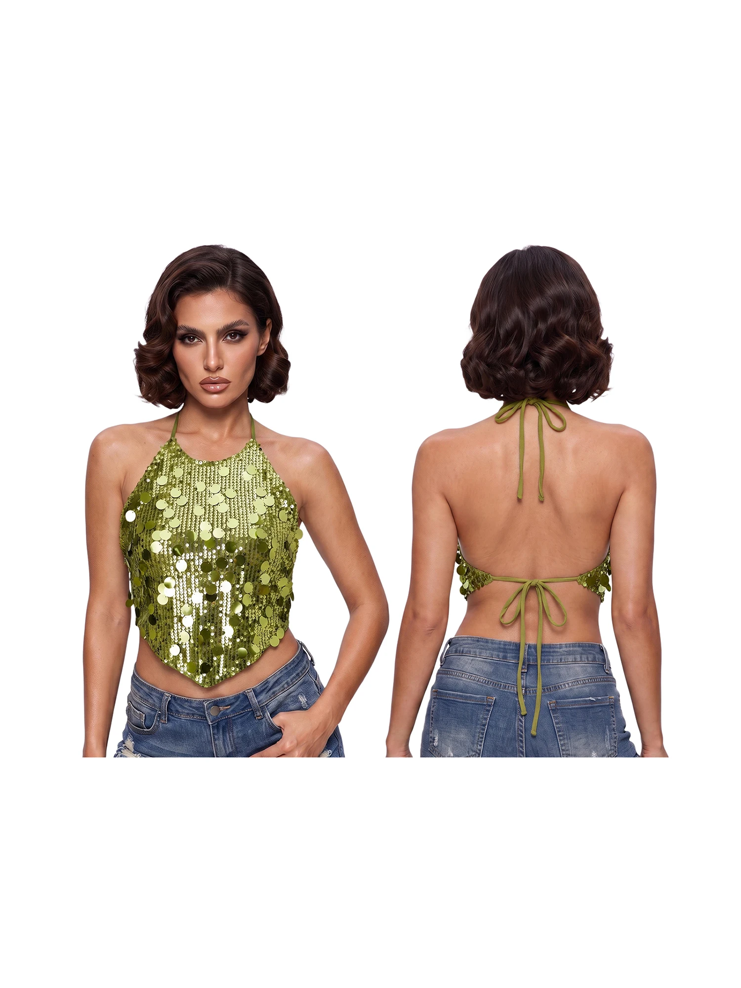 Damen Einfarbige Pailletten-Neckholder-Tops Sommer Rückenfreie Glitzernde Crop-Weste – Detail 10