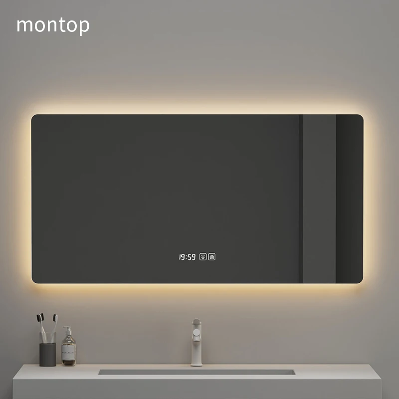 Specchio decorativo quadrato intelligente per la camera da letto dell'hotel, specchio da bagno a LED, retroilluminazione regolabile a 3 colori, rilevamento del corpo umano